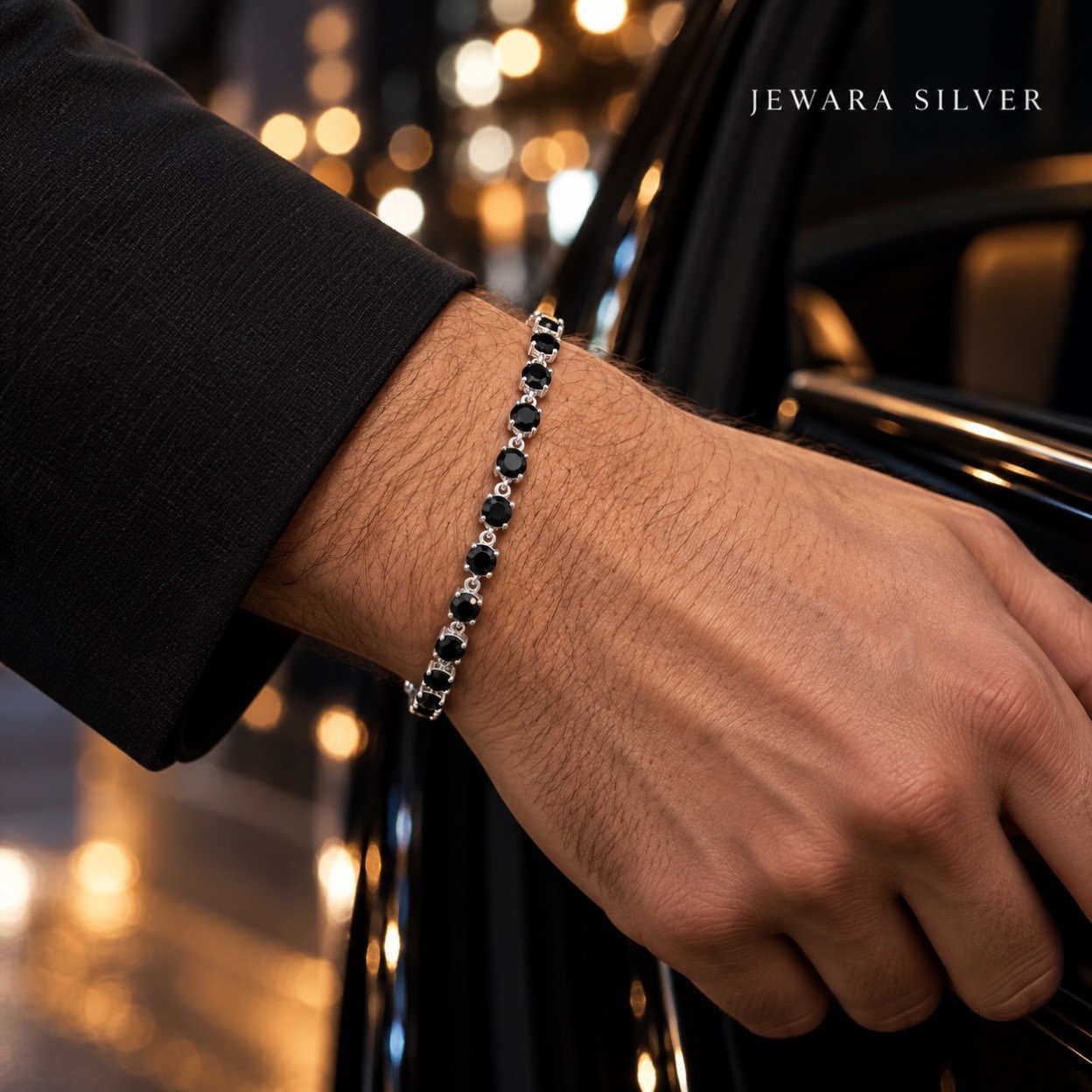 Confidence doesn’t ask for attention. It owns it.The Jewara Black Tennis Bracelet combines deep